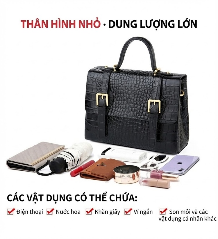 Túi Đeo Chéo Nữ Vân Cá Sấu Dáng Hộp Phom Cứng Quai Xách Tay Màu Đen chi tiết 11