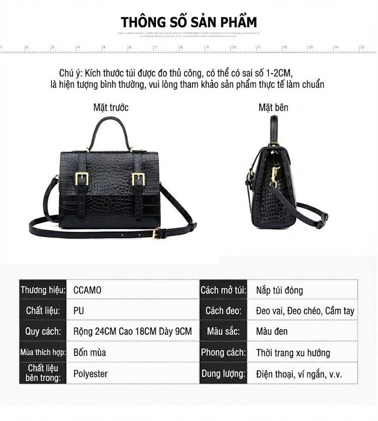 Túi Đeo Chéo Nữ Vân Cá Sấu Dáng Hộp Phom Cứng Quai Xách Tay Màu Đen chi tiết 12
