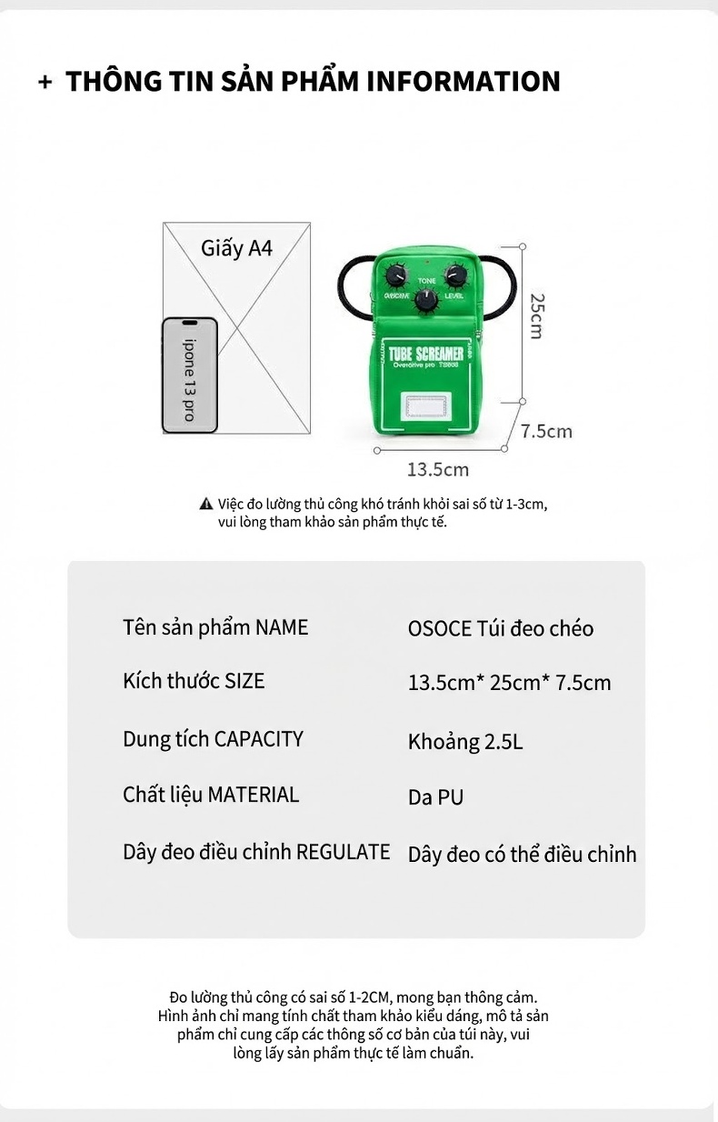 Túi Đeo Chéo OSOCE Hình Pedal Hiệu Ứng Guitar Điện Chống Thấm Nước Màu Vàng, Trắng, Xanh Lá chi tiết 6