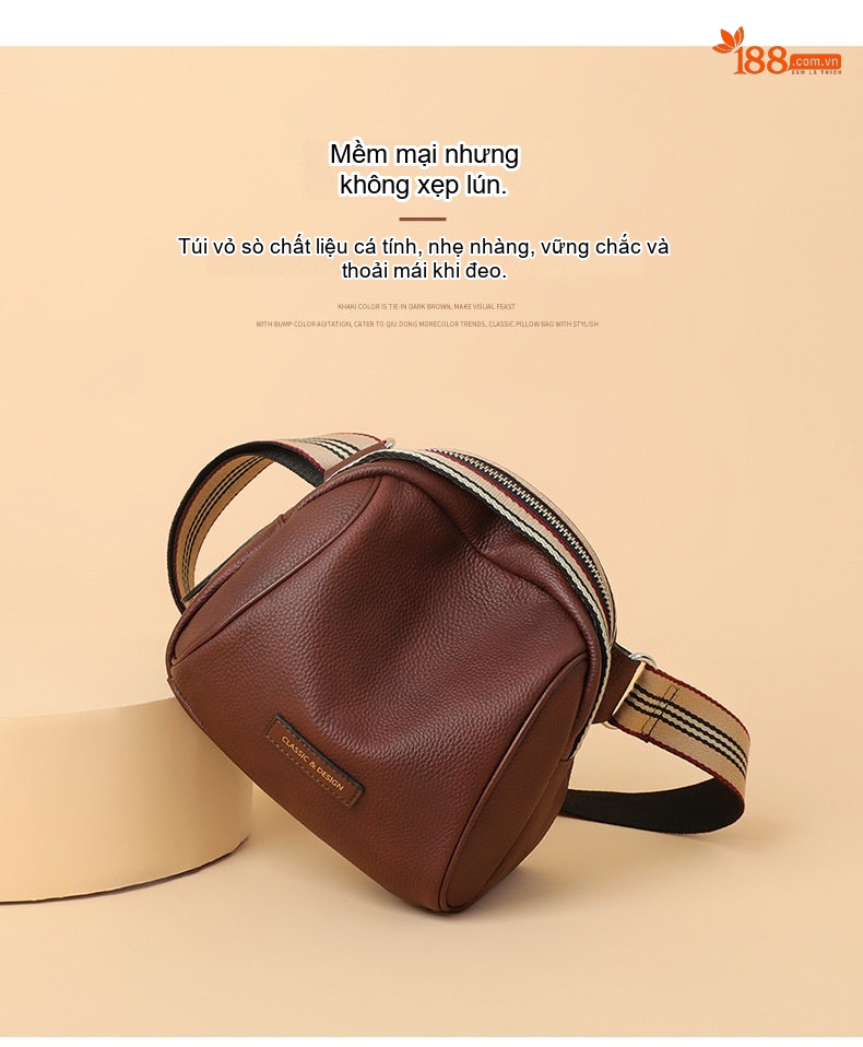 Túi Đeo Chéo/Túi Bụng Nữ Da Thật Phong Cách Ins Màu Nâu Đỏ chi tiết 1