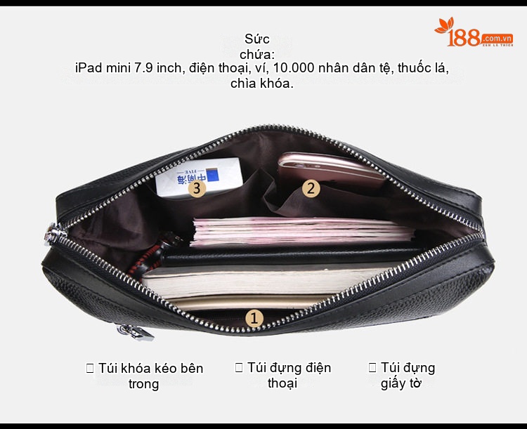 Túi Đeo Chéo/Túi Cầm Tay Nam Đa Năng Da Bò Màu Đen chi tiết 6