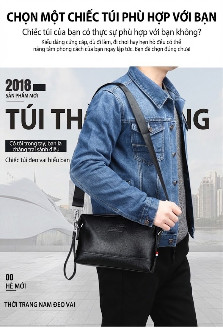 Túi Đeo Chéo/Túi Cầm Tay Nam Đa Năng Da Bò Màu Đen chi tiết 1
