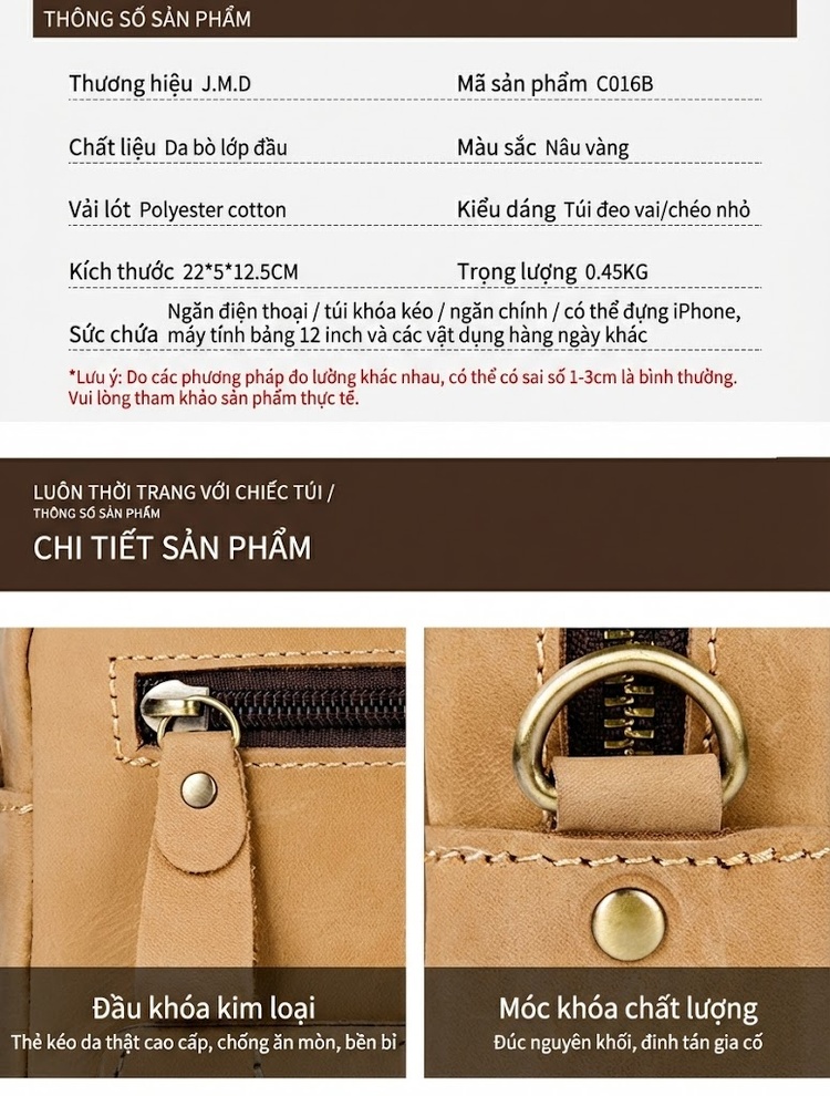 Túi Đeo Chéo/Túi Cầm Tay/Túi Đựng Mỹ Phẩm/Túi Vệ Sinh Da Bò Sáp Màu Nâu Vàng chi tiết 2