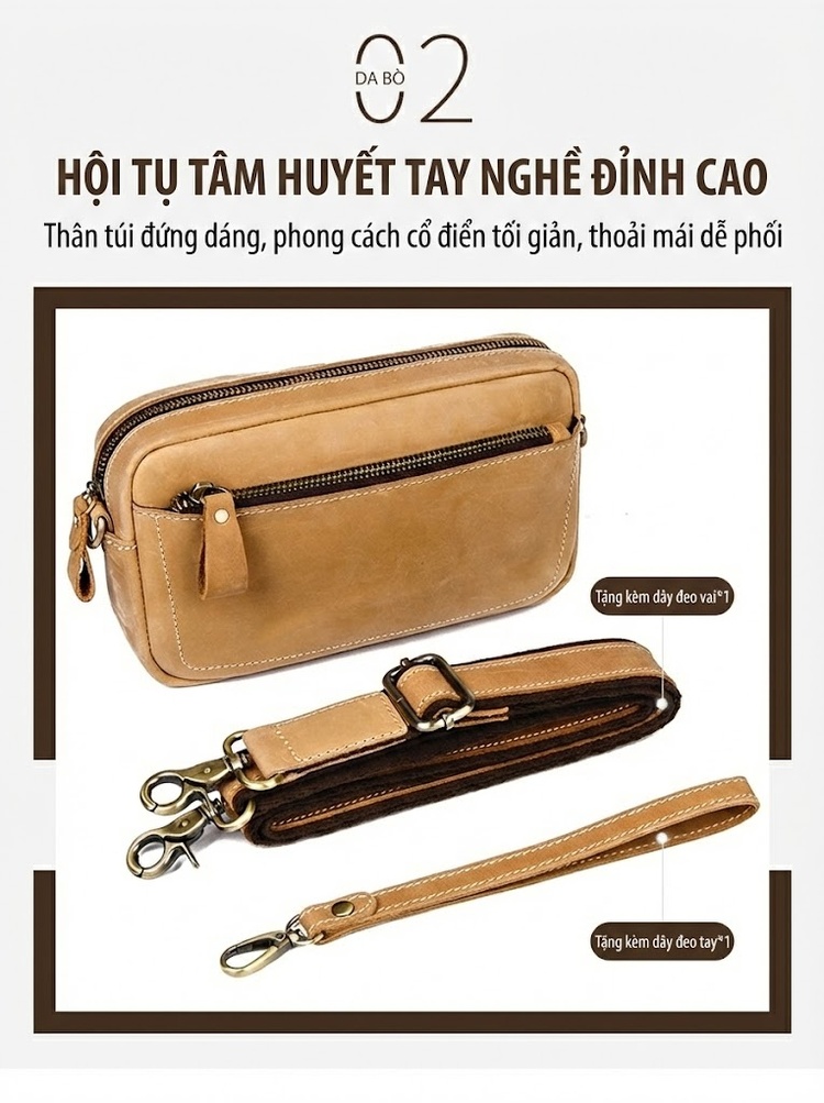 Túi Đeo Chéo/Túi Cầm Tay/Túi Đựng Mỹ Phẩm/Túi Vệ Sinh Da Bò Sáp Màu Nâu Vàng chi tiết 7