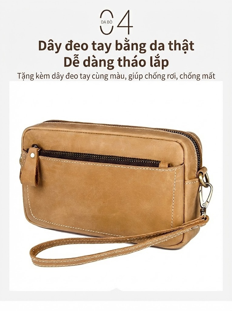 Túi Đeo Chéo/Túi Cầm Tay/Túi Đựng Mỹ Phẩm/Túi Vệ Sinh Da Bò Sáp Màu Nâu Vàng chi tiết 9