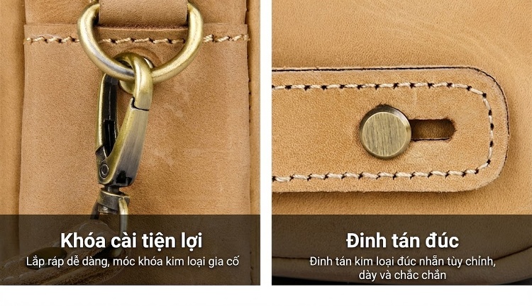 Túi Đeo Chéo/Túi Cầm Tay/Túi Đựng Mỹ Phẩm/Túi Vệ Sinh Da Bò Sáp Màu Nâu Vàng chi tiết 10