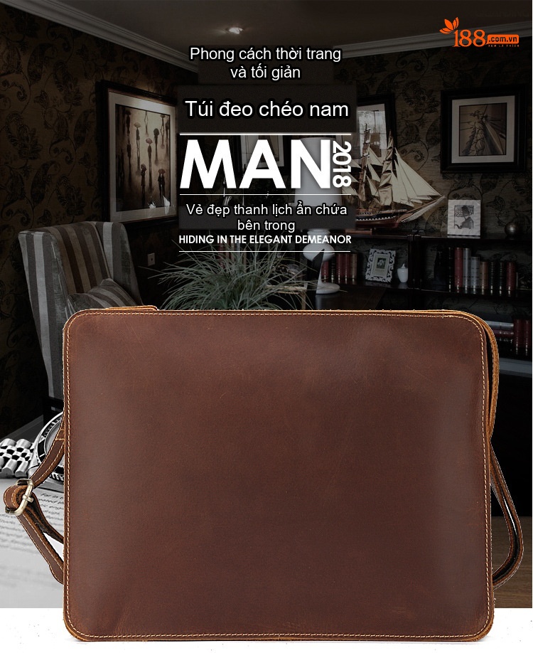 Túi Đeo Chéo/Túi Xách Tay Nam Da Bò Dáng Ngang Đựng Ipad Màu Nâu chi tiết 1