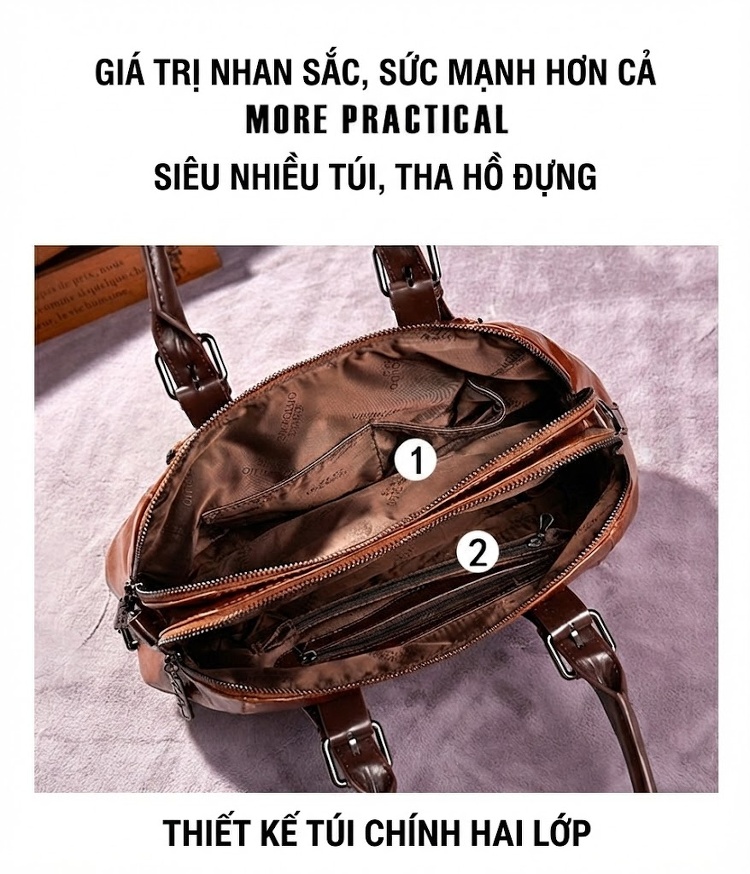 Túi Đeo Chéo/Túi Xách Tay Nữ Da Bóng Retro Phong Cách Châu Âu, Mỹ, Nhiều Ngăn Lớn Màu Nâu chi tiết 3