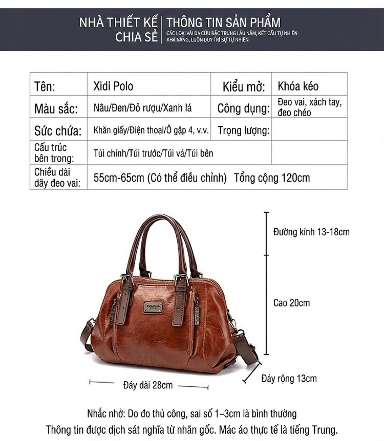Túi Đeo Chéo/Túi Xách Tay Nữ Da Bóng Retro Phong Cách Châu Âu, Mỹ, Nhiều Ngăn Lớn Màu Nâu chi tiết 13