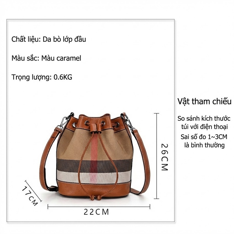 Túi Đeo Chéo/Túi Xách Tay Vải Canvas Phối Da Bò Dáng Thùng Rút Dây Nâu chi tiết 11