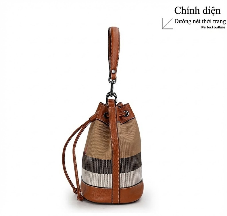 Túi Đeo Chéo/Túi Xách Tay Vải Canvas Phối Da Bò Dáng Thùng Rút Dây Nâu chi tiết 14