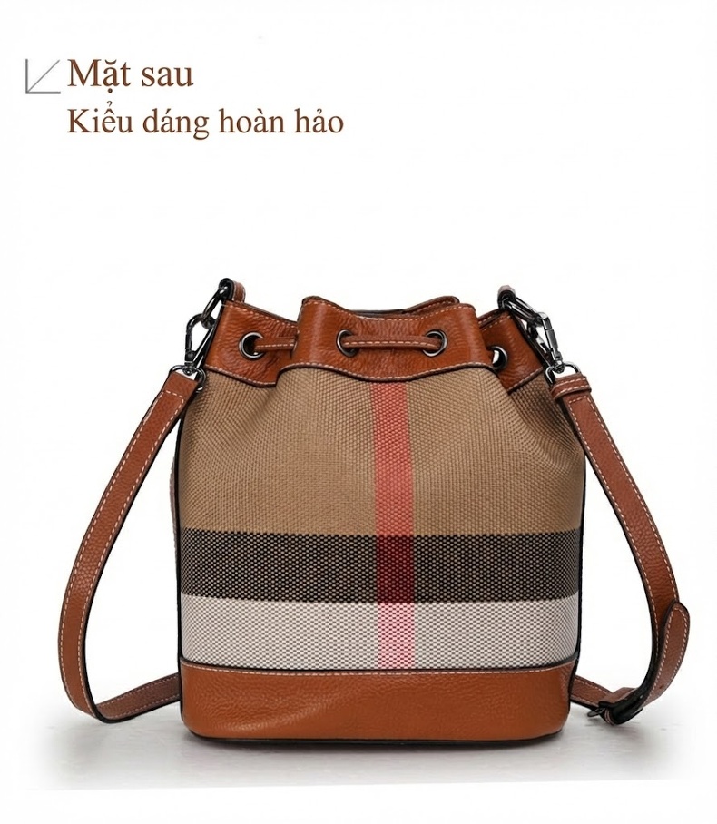 Túi Đeo Chéo/Túi Xách Tay Vải Canvas Phối Da Bò Dáng Thùng Rút Dây Nâu chi tiết 17