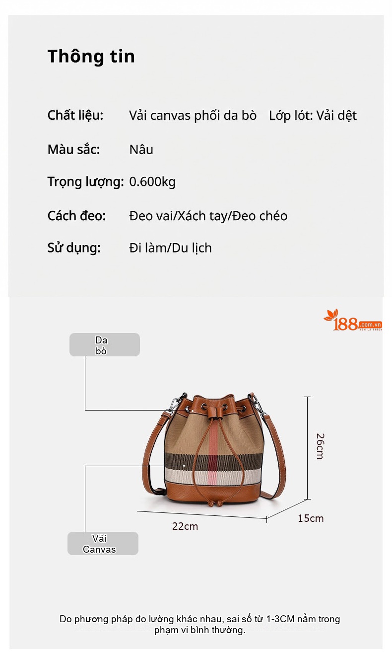 Túi Đeo Chéo/Túi Xách Tay Vải Canvas Phối Da Bò Dáng Thùng Rút Dây Nâu chi tiết 5
