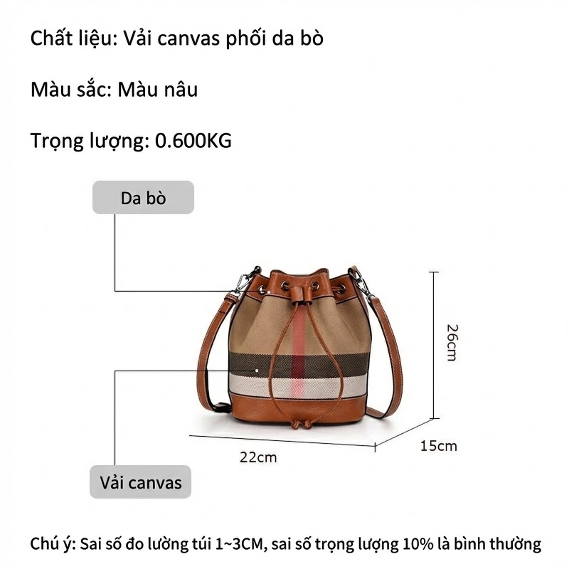 Túi Đeo Chéo/Túi Xách Tay Vải Canvas Phối Da Bò Dáng Thùng Rút Dây Nâu