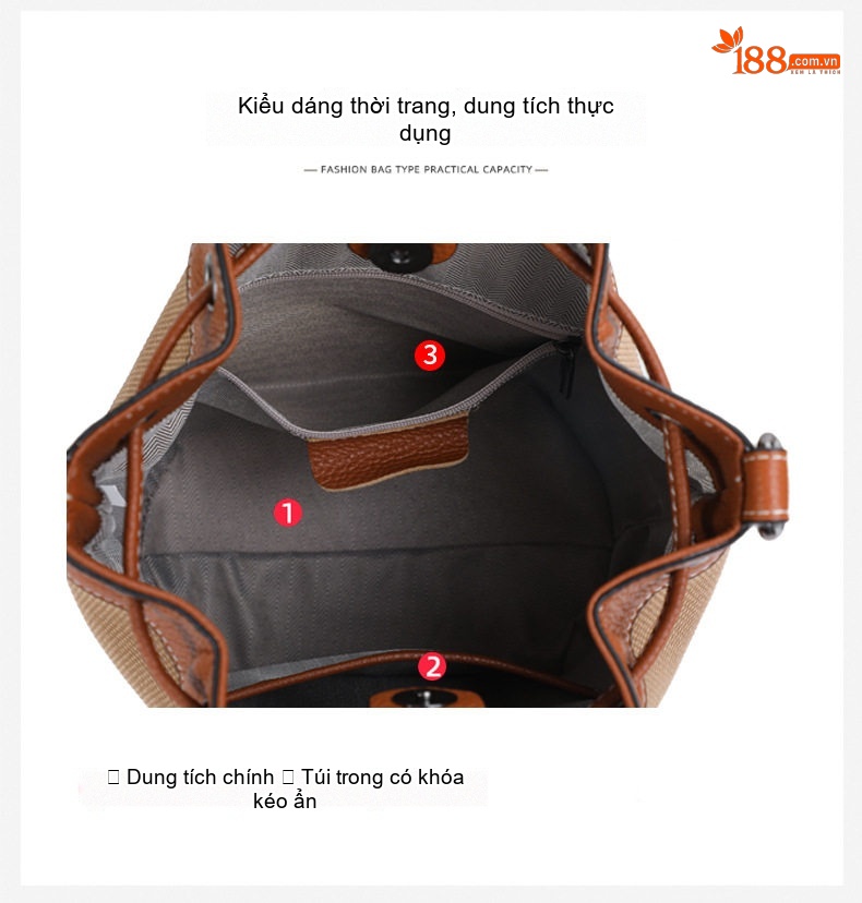 Túi Đeo Chéo/Túi Xách Tay Vải Canvas Phối Da Bò Dáng Thùng Rút Dây Nâu chi tiết 7