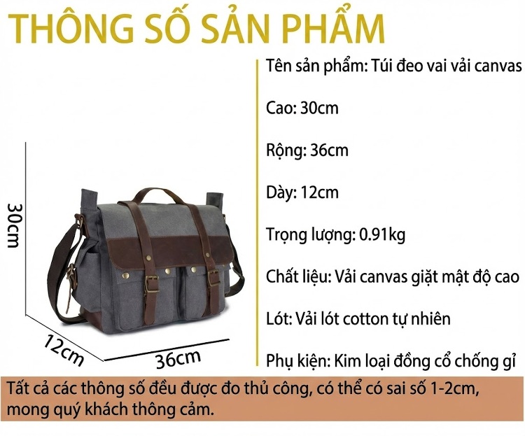 Túi Đeo Chéo Vải Canvas phối Da Thật Phong Cách Casual Du Lịch Màu Xám, Nâu chi tiết 5