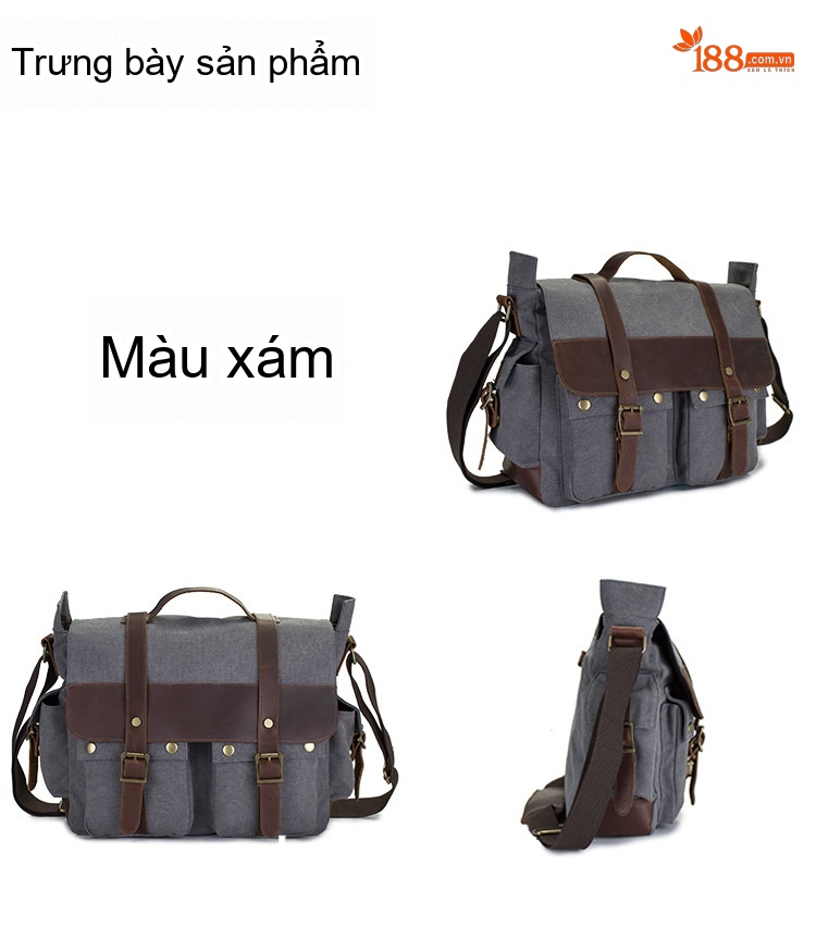 Túi Đeo Chéo Vải Canvas phối Da Thật Phong Cách Casual Du Lịch Màu Xám, Nâu chi tiết 6