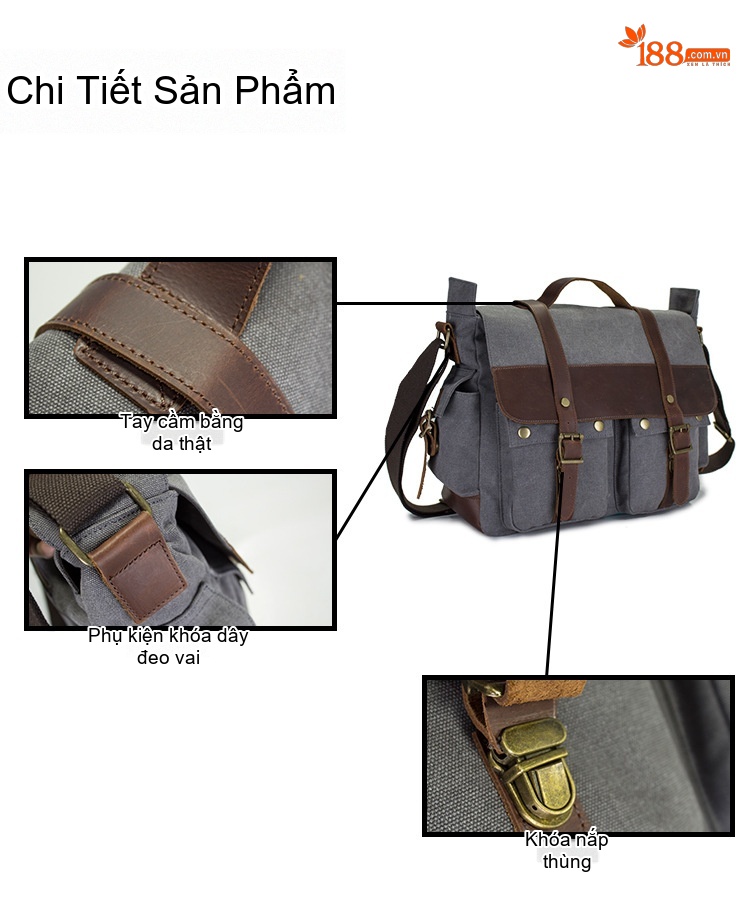 Túi Đeo Chéo Vải Canvas phối Da Thật Phong Cách Casual Du Lịch Màu Xám, Nâu chi tiết 7