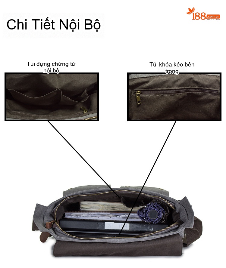 Túi Đeo Chéo Vải Canvas phối Da Thật Phong Cách Casual Du Lịch Màu Xám, Nâu chi tiết 8