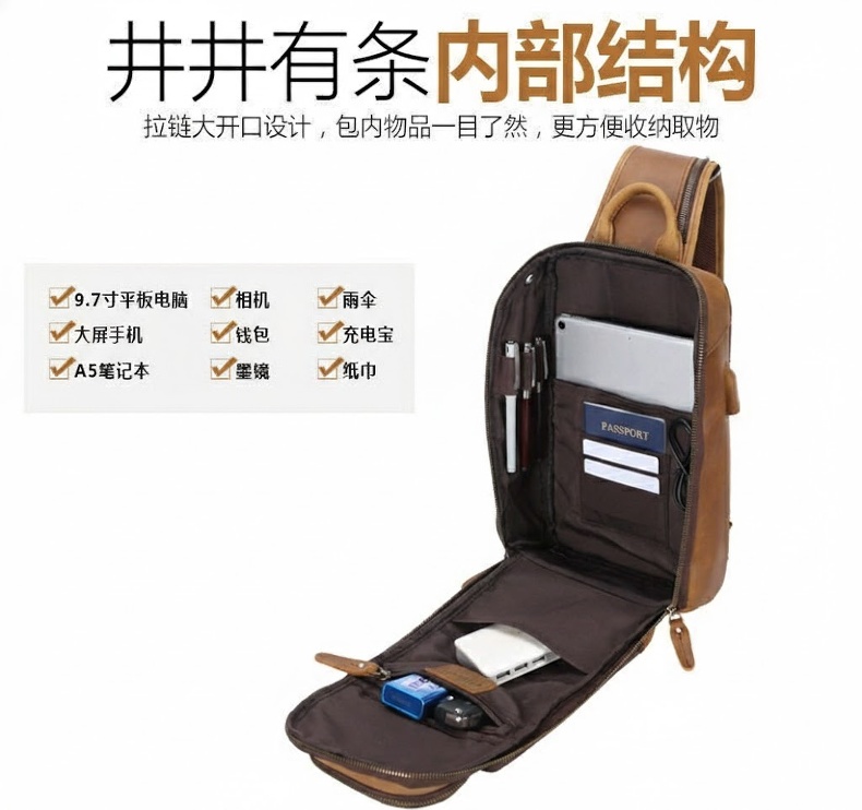 Túi Đeo Chéo Vai Nam Da Bò Đa Năng Có Sạc USB Dung Tích Lớn Màu Nâu chi tiết 4