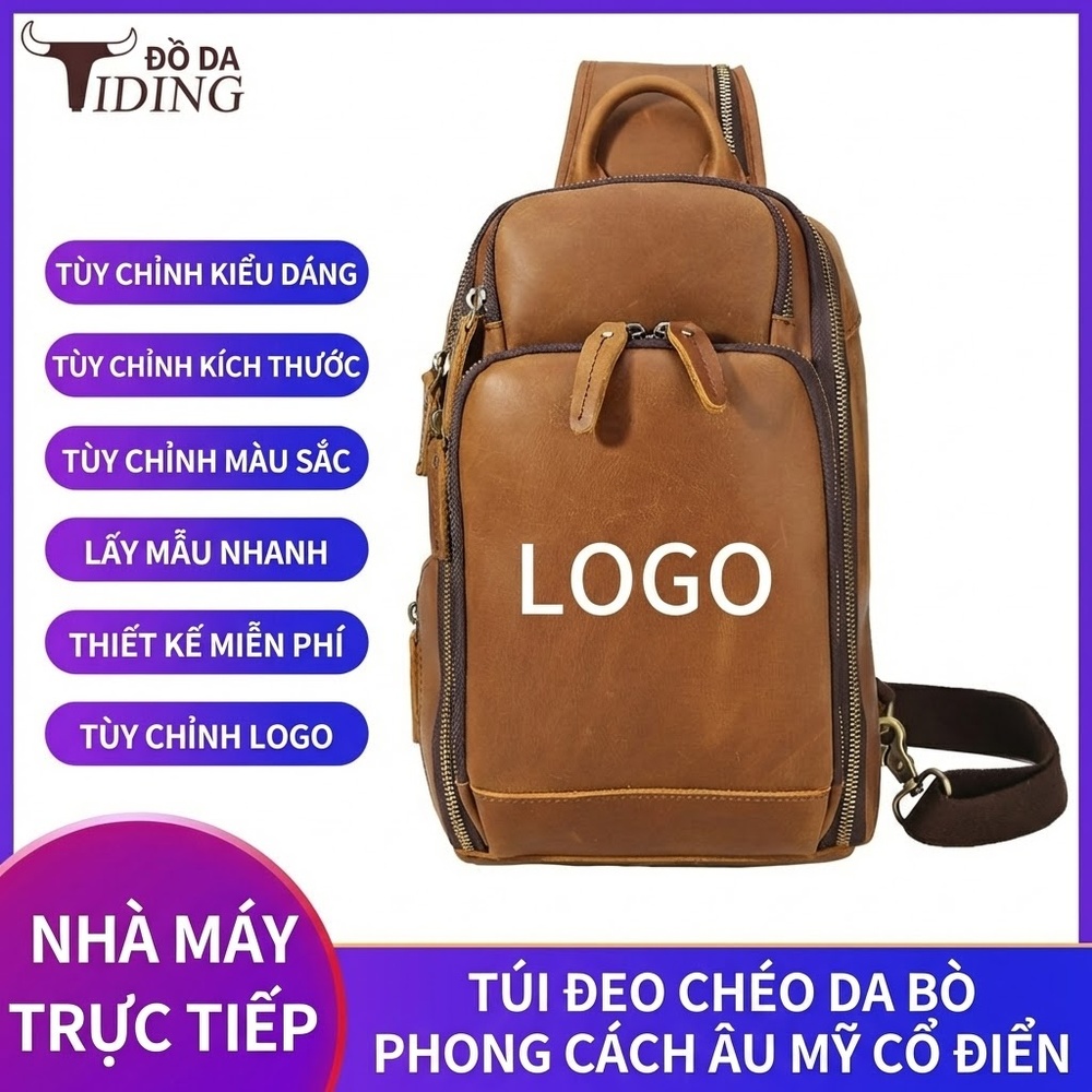 Túi Đeo Chéo Vai Nam Da Bò Đa Năng Có Sạc USB Dung Tích Lớn Màu Nâu