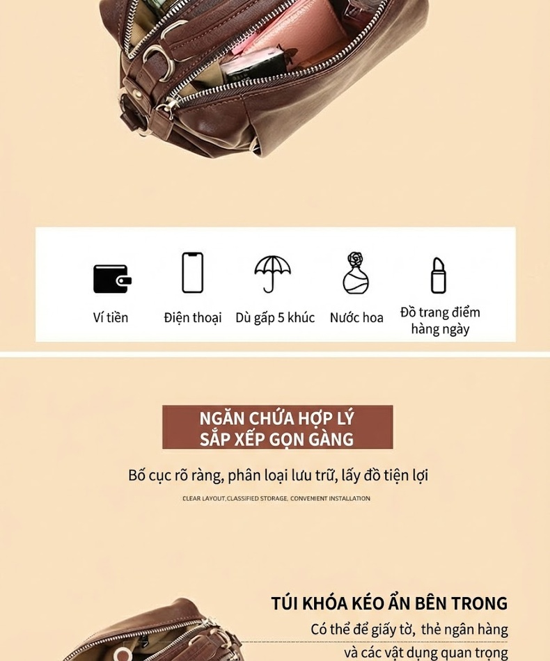Túi Đeo Chéo/Xách Tay Nữ Da Bò Sức Chứa Lớn Màu Nâu chi tiết 6