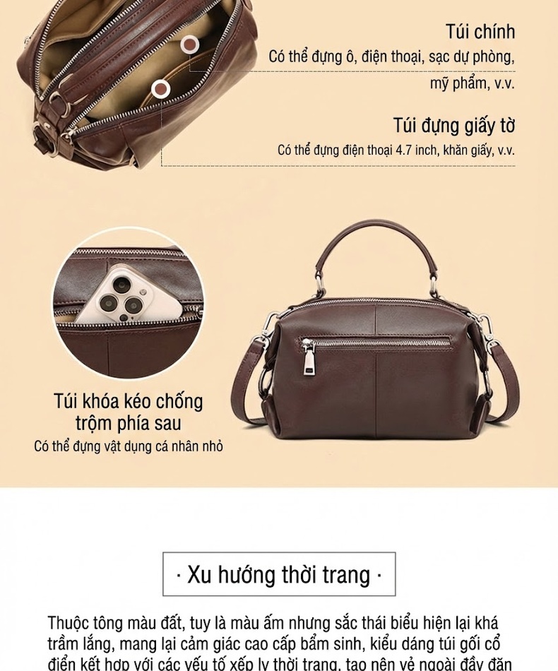 Túi Đeo Chéo/Xách Tay Nữ Da Bò Sức Chứa Lớn Màu Nâu chi tiết 7