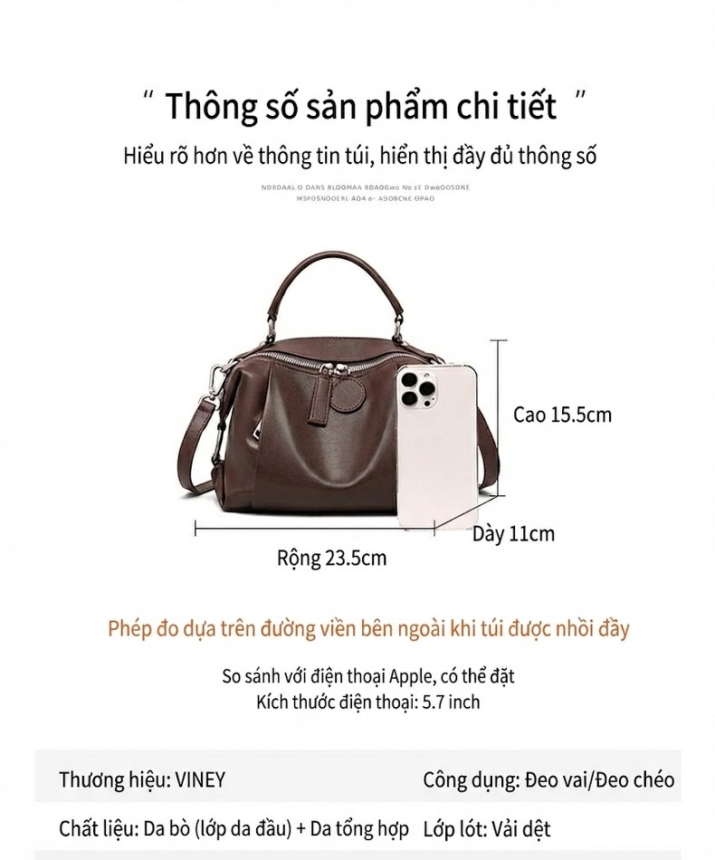 Túi Đeo Chéo/Xách Tay Nữ Da Bò Sức Chứa Lớn Màu Nâu chi tiết 9