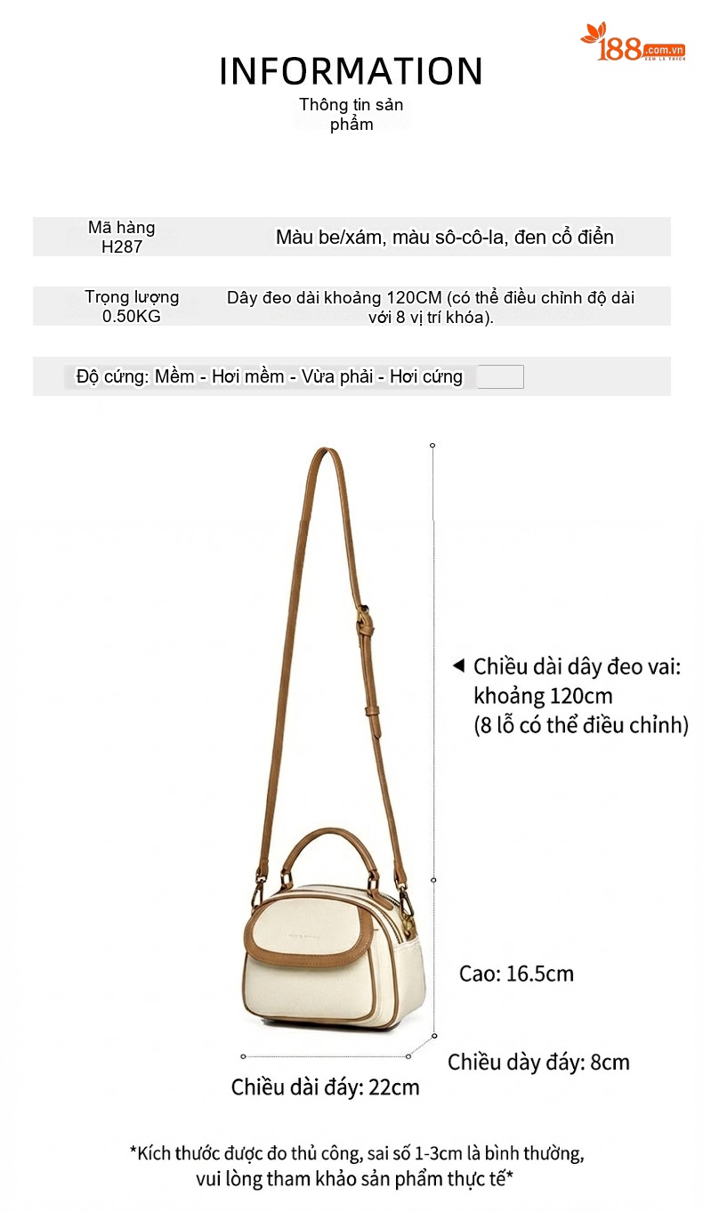 Túi Đeo Chéo/Xách Tay Nữ Da Bóng Cao Cấp Màu Trắng Kem, Nâu chi tiết 2