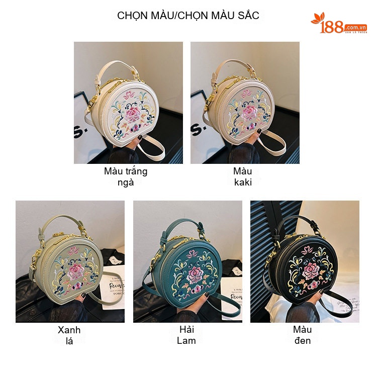 Túi Đeo Chéo/Xách Tay Nữ Hình Tròn Thêu Hoa Văn Phong Cách Trung Hoa Màu Kem, Xanh, Đen... chi tiết 3