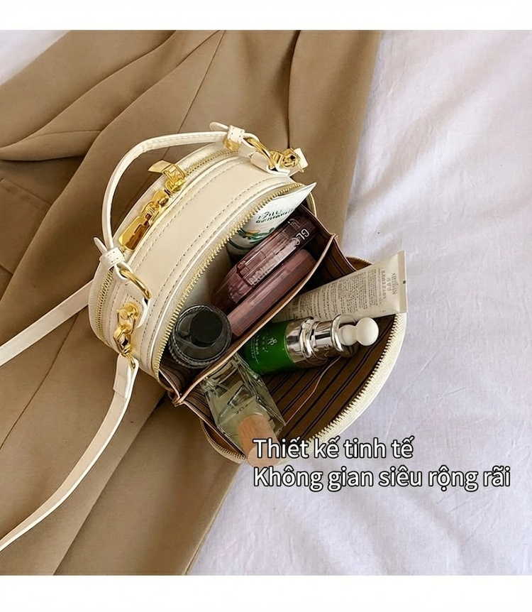 Túi Đeo Chéo/Xách Tay Nữ Hình Tròn Thêu Hoa Văn Phong Cách Trung Hoa Màu Kem, Xanh, Đen... chi tiết 8