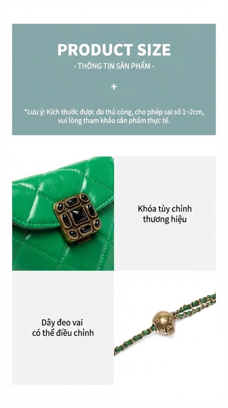 Túi Đeo Điện Thoại Mini Da Bò Chần Trám Dây Xích Quả Cầu Vàng Màu Đen, Trắng, Xanh Lá chi tiết 8