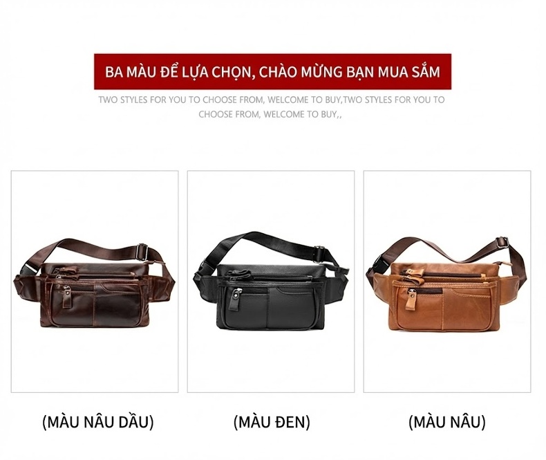 Túi Đeo Hông/Bụng/Chéo Ngực Nam Da Bò Phong Cách Âu Mỹ Màu Nâu, Đen chi tiết 2