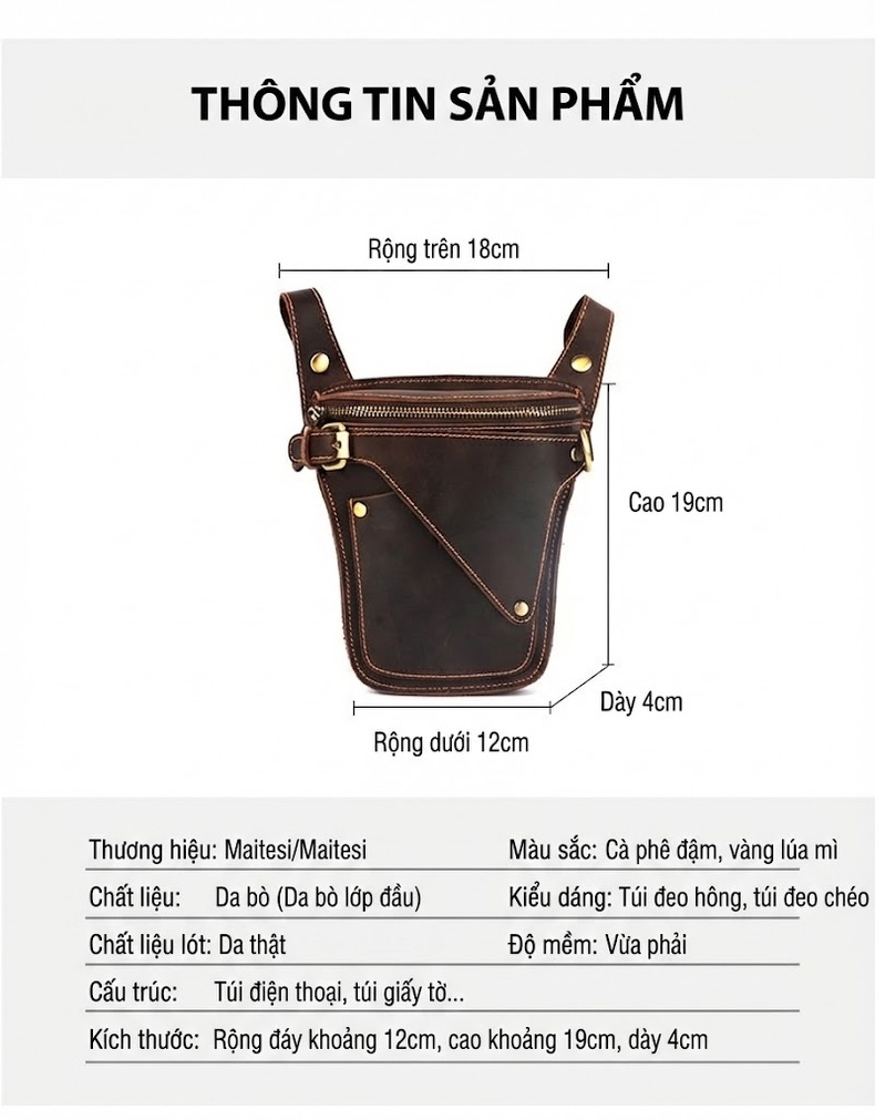 Túi Đeo Hông/Đeo Chéo/Đeo Vai Nam Da Bò Vân Voi Phong Cách Moto/Outdoor chi tiết 6