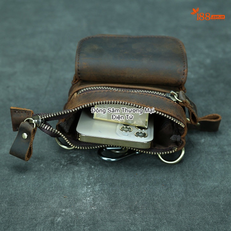 Túi Đeo Hông/Đeo Chéo Nam Da Bò Sáp Dầu Vintage Đa Năng Mini Đựng Điện Thoại 7 Inch Màu Nâu