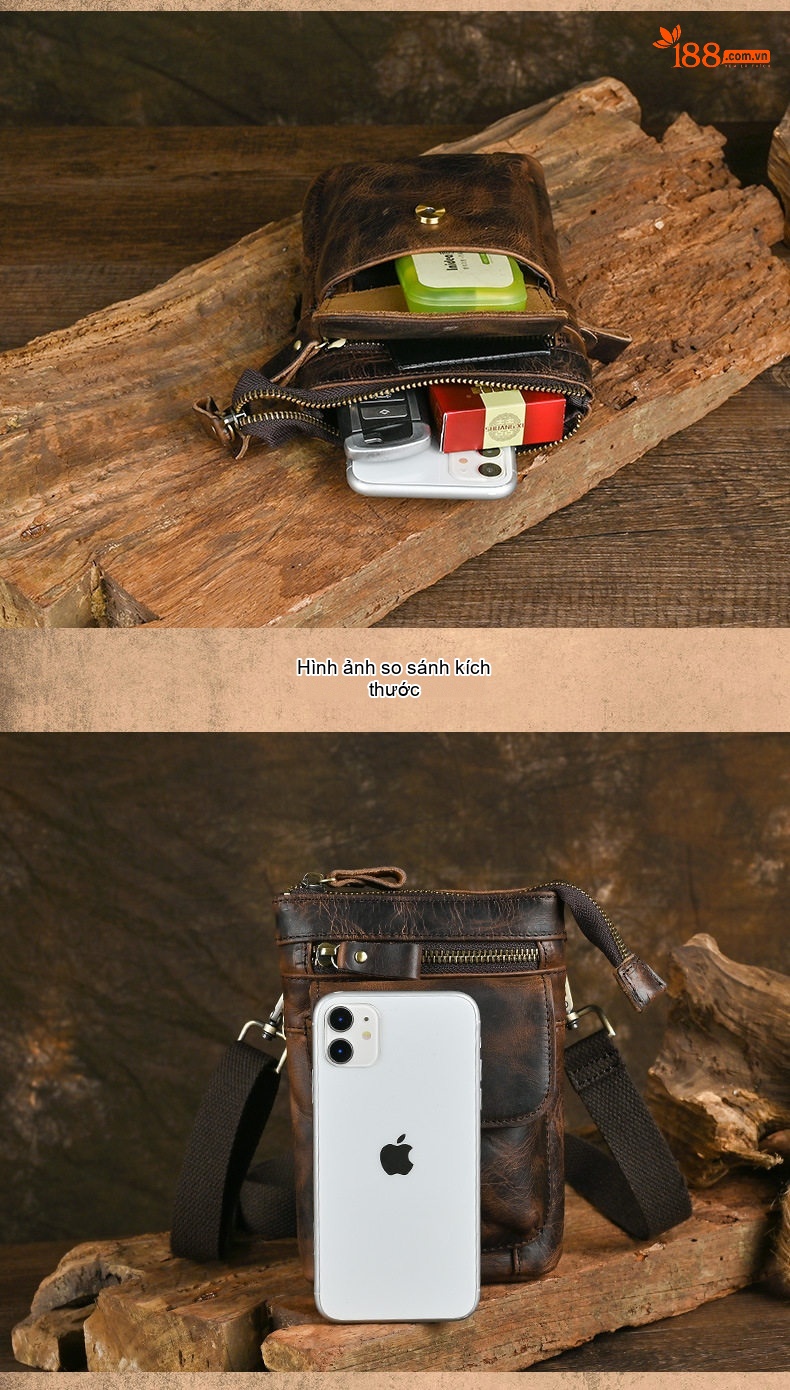 Túi Đeo Hông/Đeo Chéo Nam Da Thật Phong Cách Retro Đựng Điện Thoại 7 Inch Màu Nâu chi tiết 10