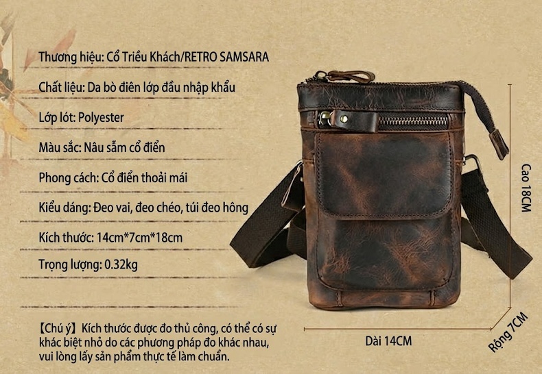 Túi Đeo Hông/Đeo Chéo Nam Da Thật Phong Cách Retro Đựng Điện Thoại 7 Inch Màu Nâu chi tiết 3
