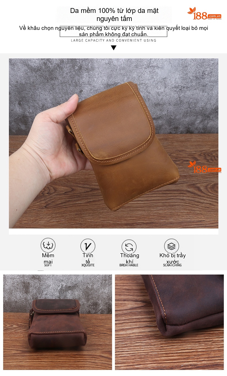 Túi Đeo Hông Điện Thoại Da Bò Madhorse Thắt Lưng Cổ Điển 6 Inch Màu Nâu Vàng, Nâu Đậm chi tiết 4