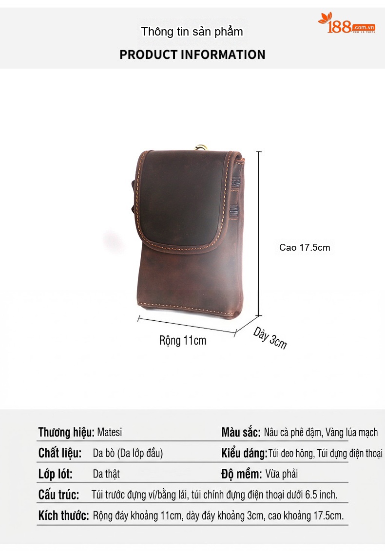Túi Đeo Hông Điện Thoại Da Bò Madhorse Thắt Lưng Cổ Điển 6 Inch Màu Nâu Vàng, Nâu Đậm chi tiết 6