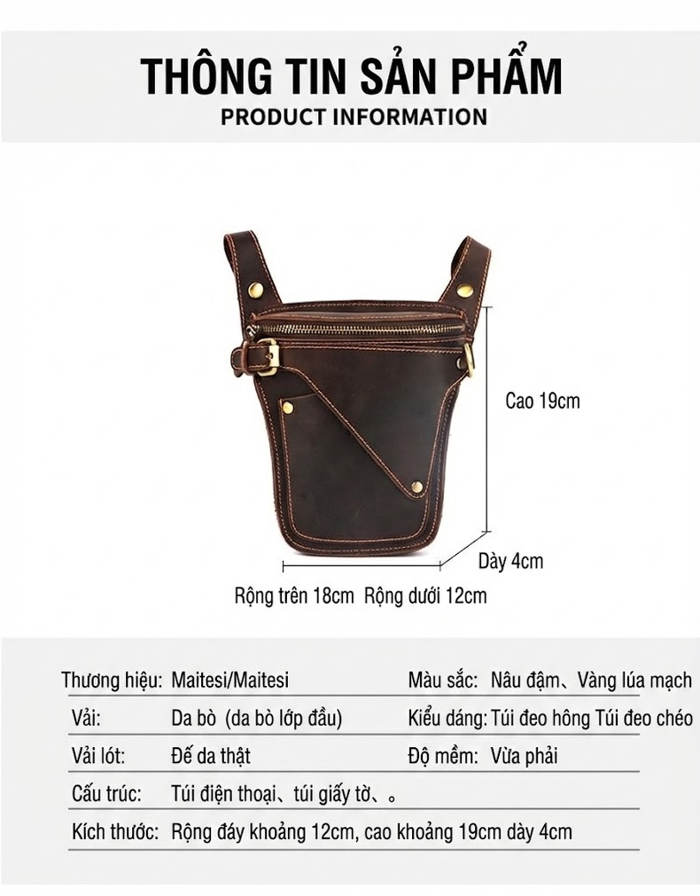 Túi Đeo Hông/Đùi Nam Da Thật Phong Cách Retro Màu Nâu Vàng, Nâu Đen chi tiết 6