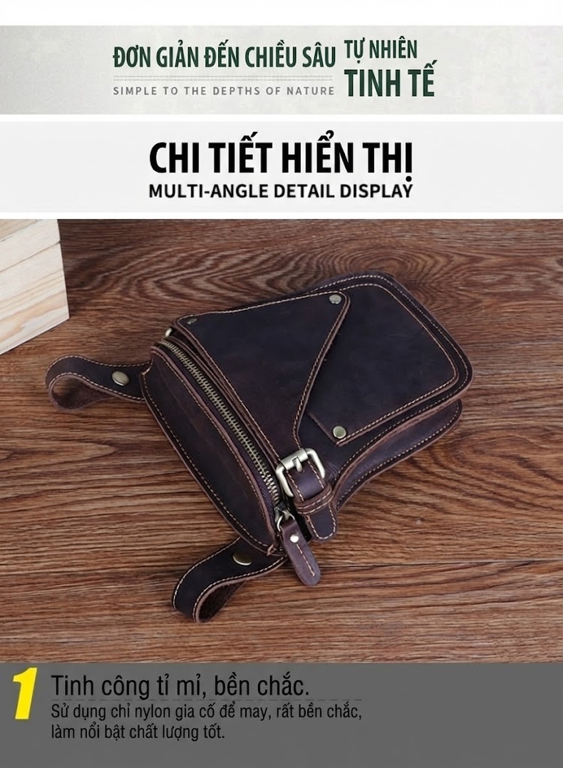 Túi Đeo Hông/Đùi Nam Da Thật Phong Cách Retro Màu Nâu Vàng, Nâu Đen chi tiết 16