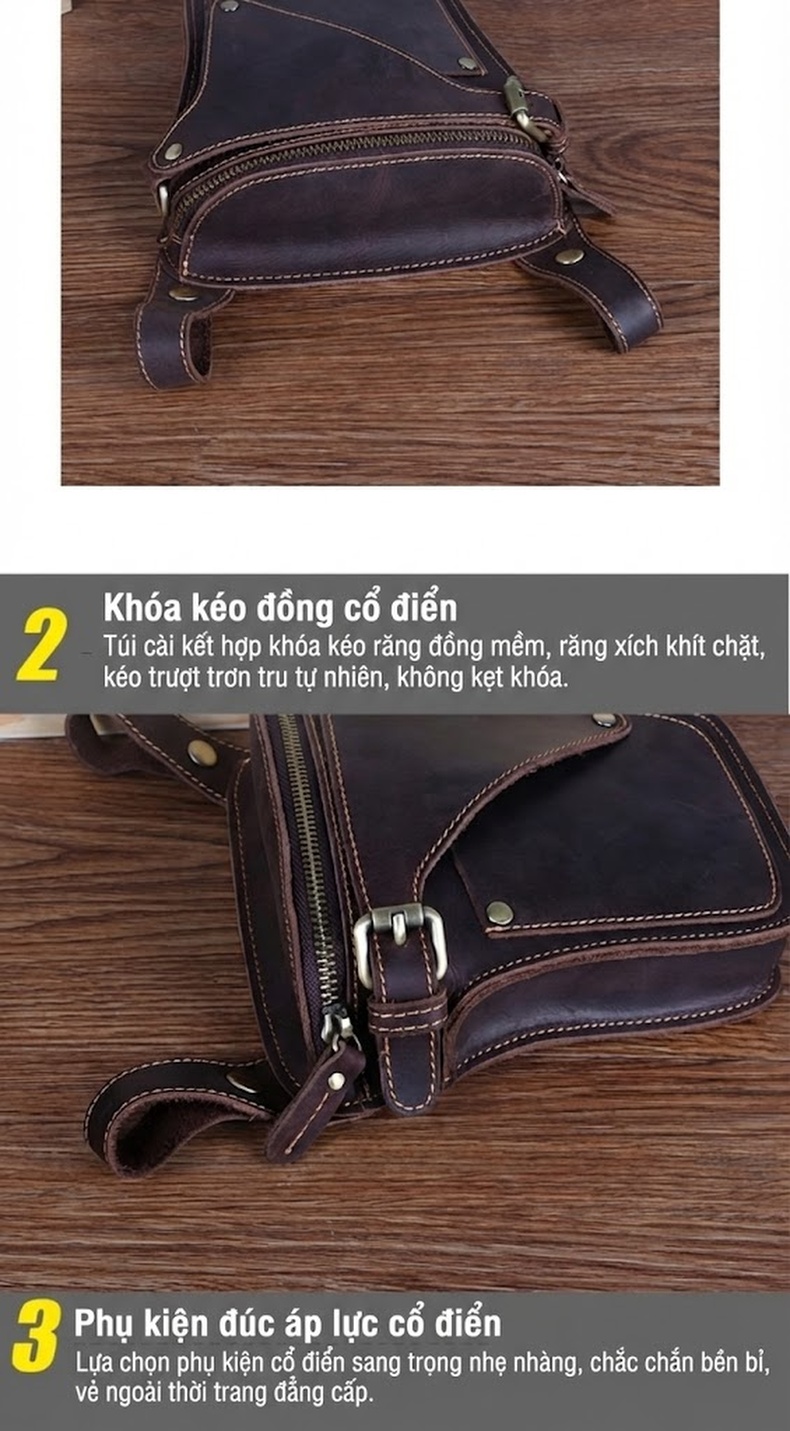 Túi Đeo Hông/Đùi Nam Da Thật Phong Cách Retro Màu Nâu Vàng, Nâu Đen chi tiết 17