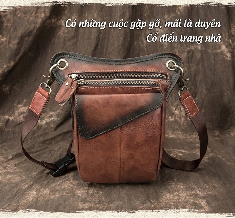 Túi Đeo Hông/Đùi Nam Da Thật Thủ Công Vintage Màu Nâu chi tiết 1