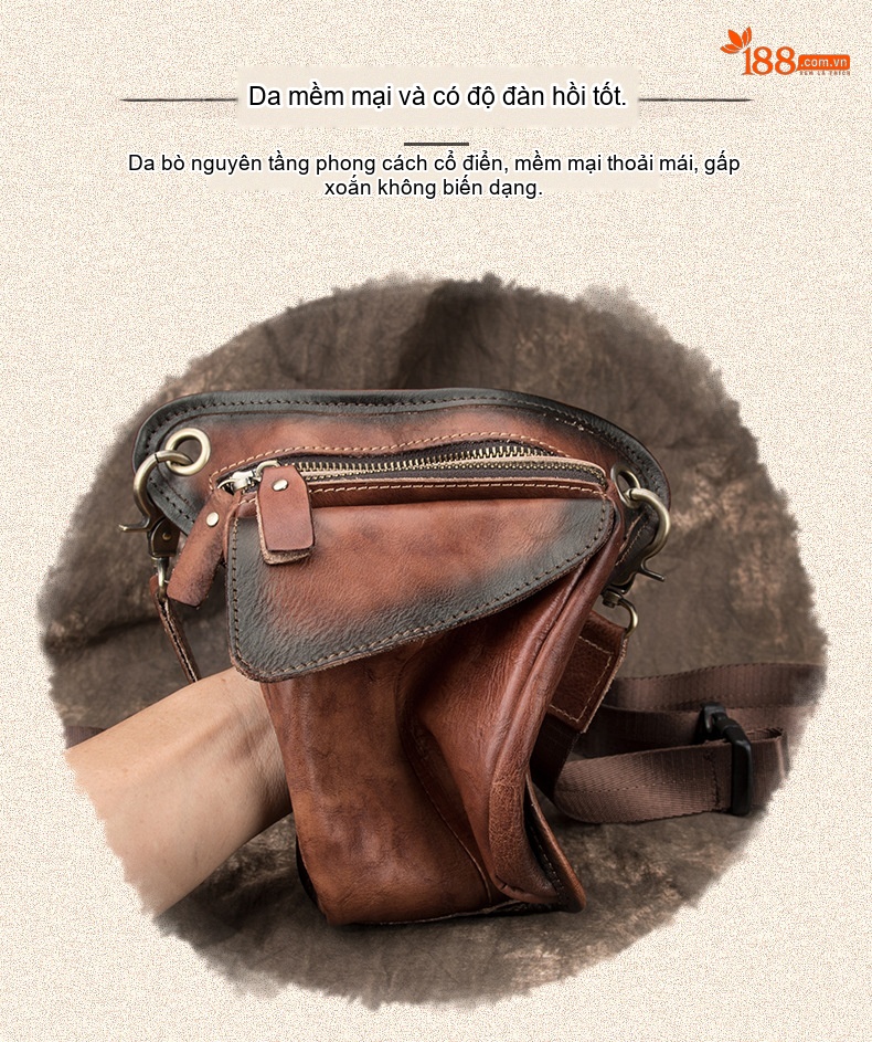 Túi Đeo Hông/Đùi Nam Da Thật Thủ Công Vintage Màu Nâu chi tiết 2