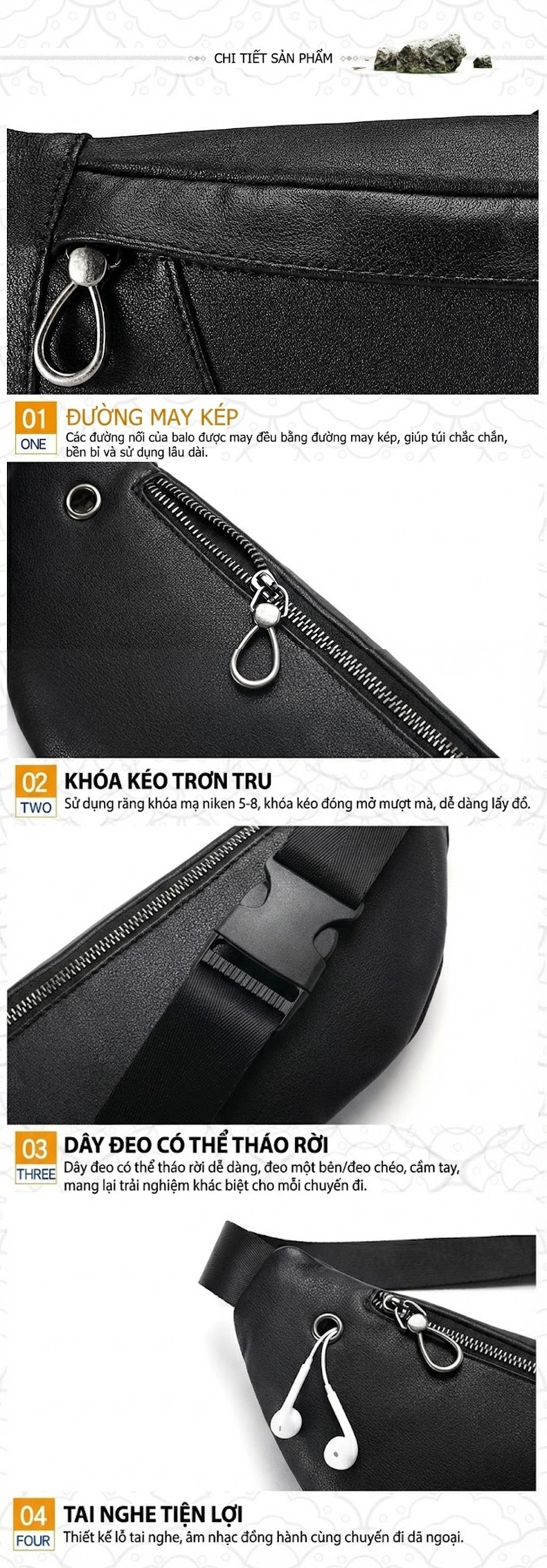 Túi Đeo Hông/Ngực Nam Da Bò Đa Năng Đựng Điện Thoại Phong Cách Thể Thao Màu Đen chi tiết 6