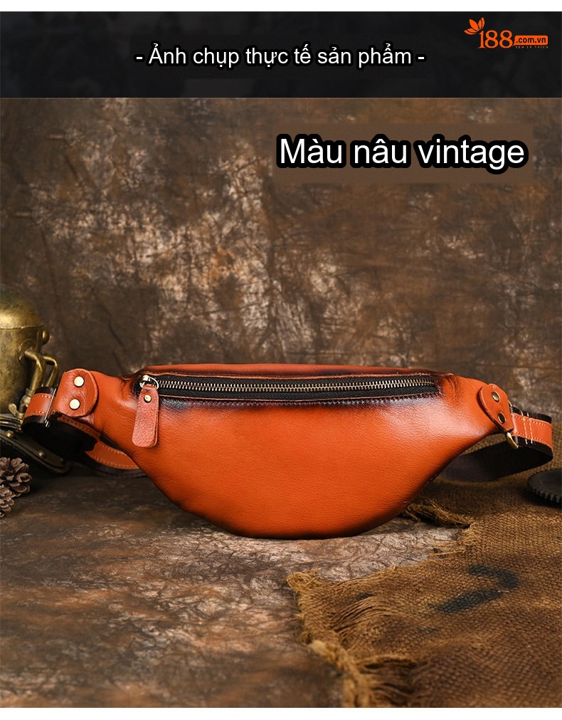 Túi Đeo Hông/Ngực Nam Da Bò Thủ Công Vintage Màu Nâu, Đen chi tiết 4