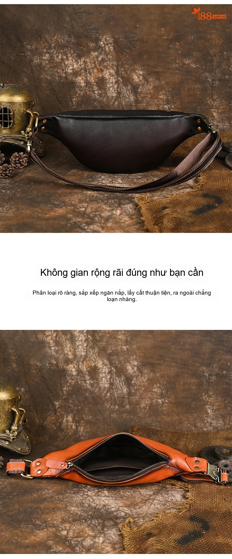 Túi Đeo Hông/Ngực Nam Da Bò Thủ Công Vintage Màu Nâu, Đen chi tiết 8