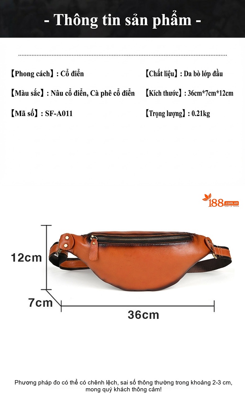 Túi Đeo Hông/Ngực Nam Da Bò Thủ Công Vintage Màu Nâu, Đen chi tiết 3