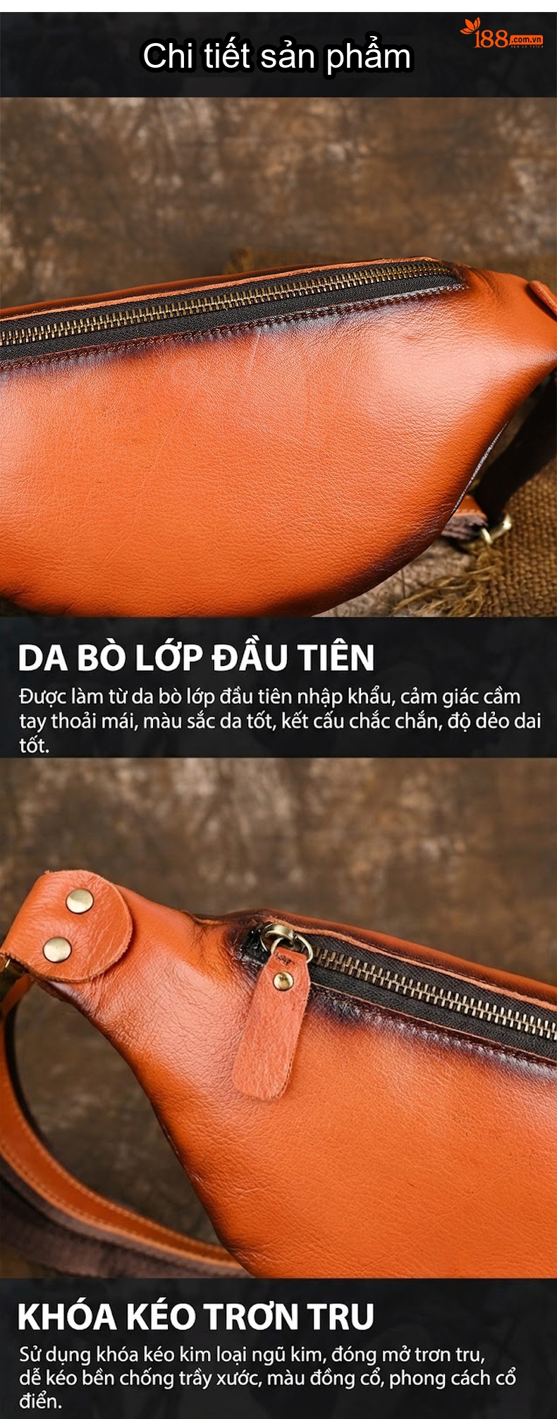 Túi Đeo Hông/Ngực Nam Da Bò Thủ Công Vintage Màu Nâu, Đen chi tiết 10