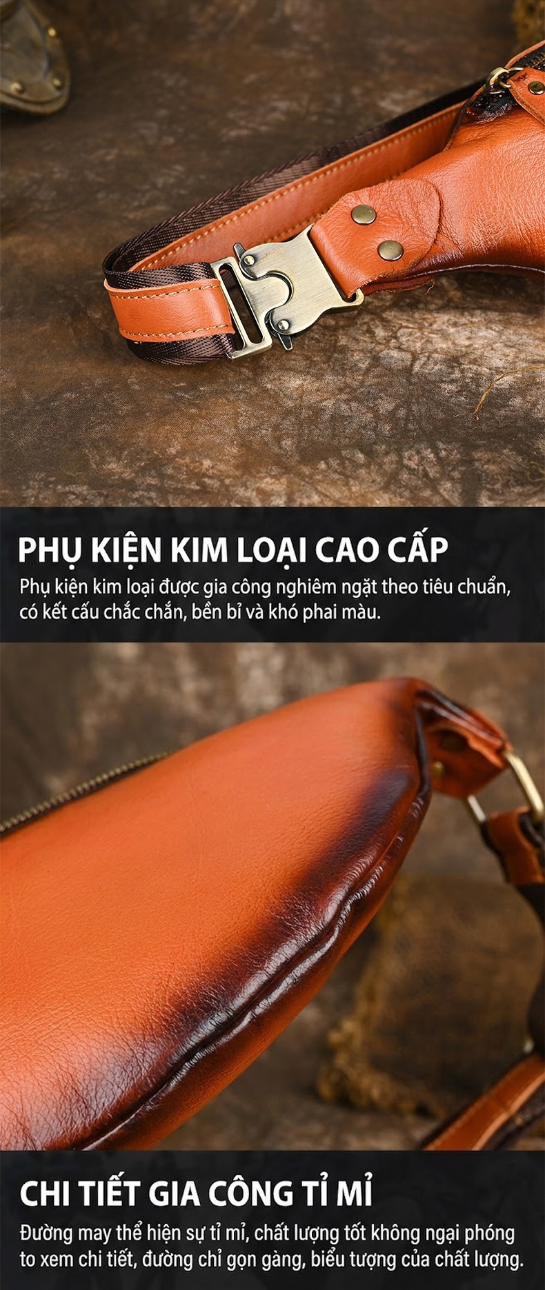 Túi Đeo Hông/Ngực Nam Da Bò Thủ Công Vintage Màu Nâu, Đen chi tiết 11
